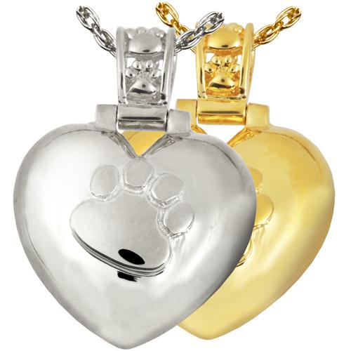 Paw Print Heart with Paw Print Bail Cremation Pendant
