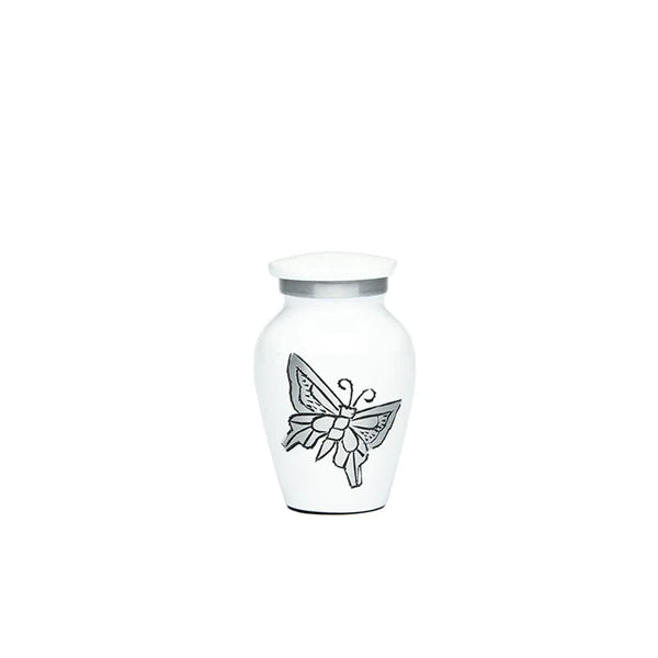 Engraved Butterflies White Alloy Urn Keepsake